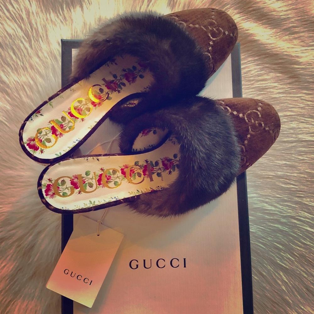 Gucci Candy Velvet GG Mule w/ FurTrim & Swarovski